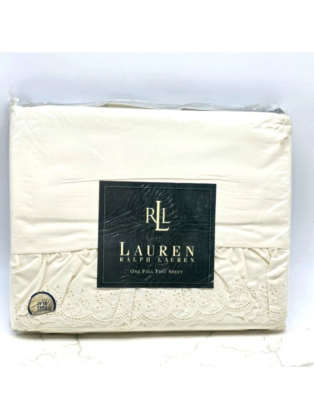 Ralph Lauren Vintage FULL Flat Sheet BROMLEY Linen Lace White Shabby Chic RARE